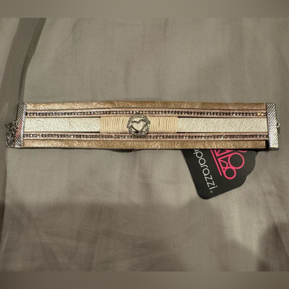 NWT Paparazzi Champagne and Silver Leather Bracelet with Heart Accent